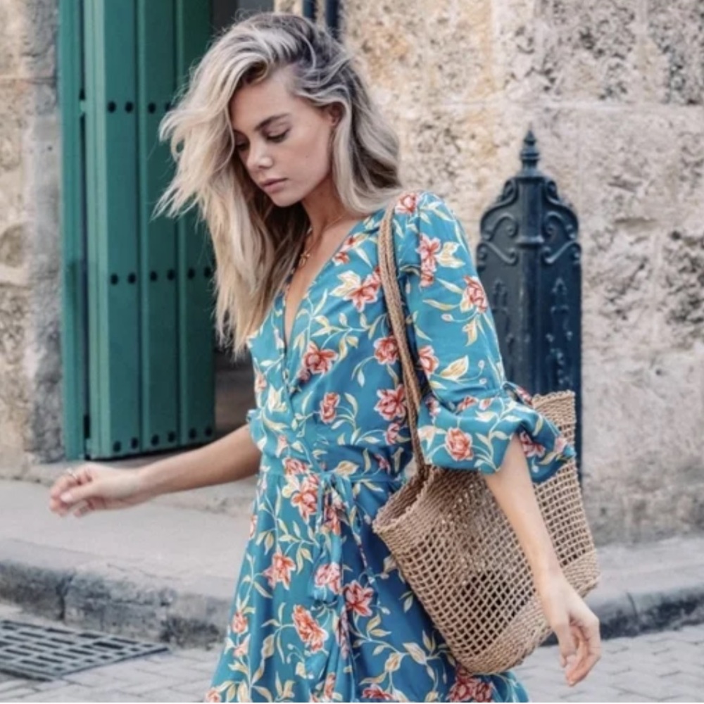 KIVARI Lucia Teal Floral Frill Wrap Mini Dress RRP$190 - Picture 8 of 16